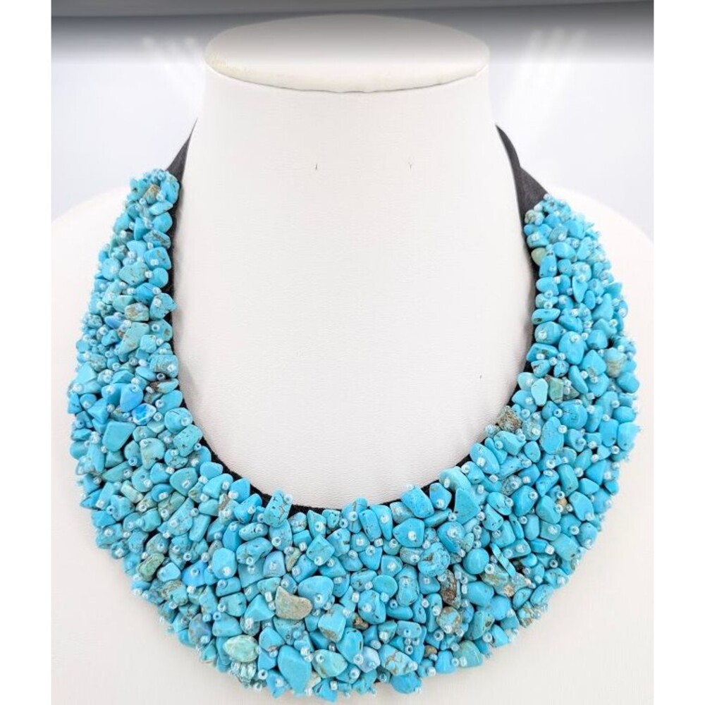 Statement Bib Necklace Turquoise Blue Stone Chips Black Ribbon Collar 35in 142g